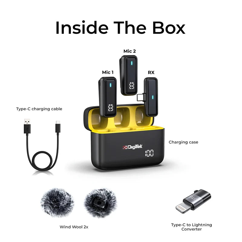 Digitek DWM-105 2-in-1 Wireless Microphone System | ANC Noise Reduction, 50M Range, 6Hr Battery for DSLR, Android, iOS