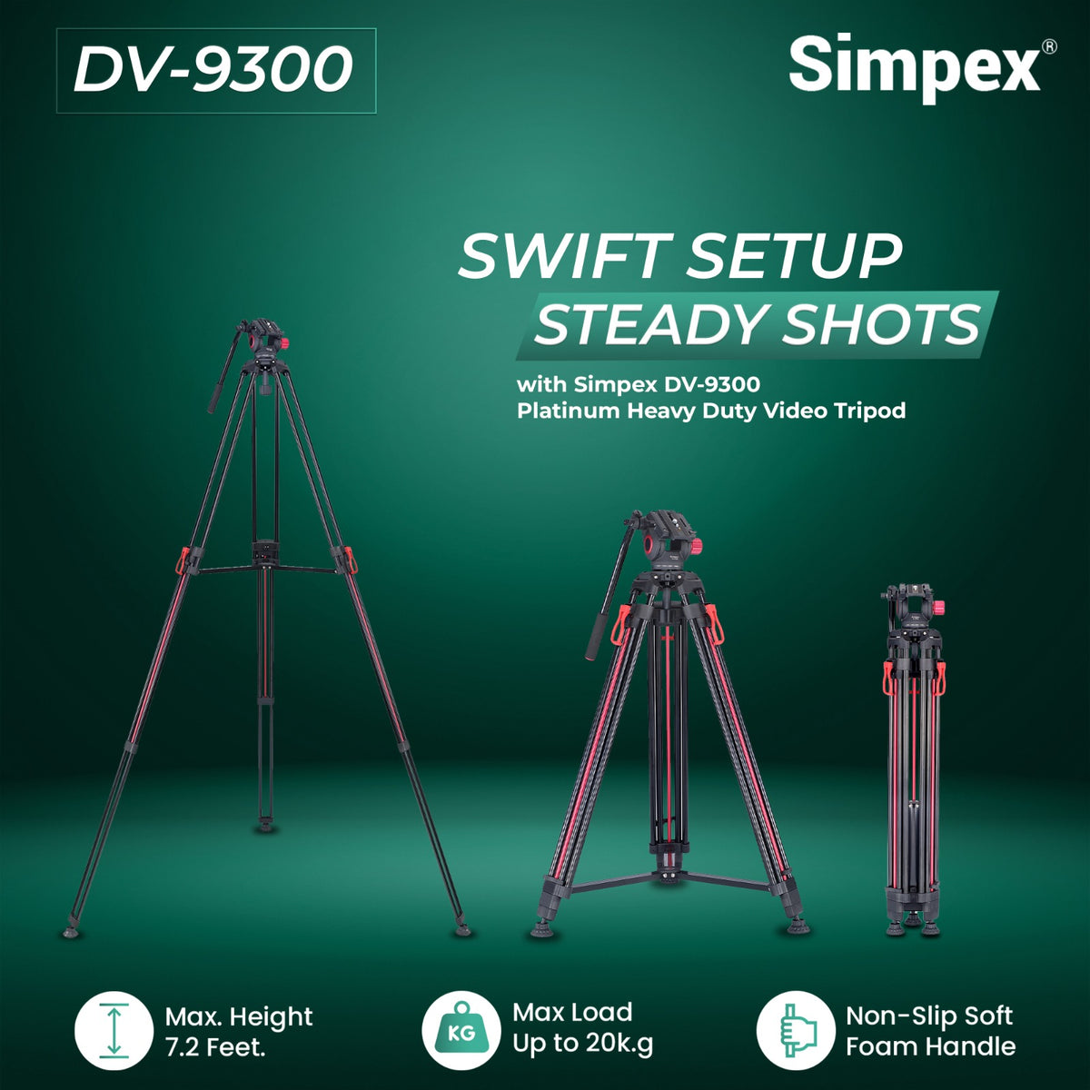 Simpex DV-9300 Platinum Heavy Duty Video Tripod | Professional Fluid Head for DSLR Camera Videography