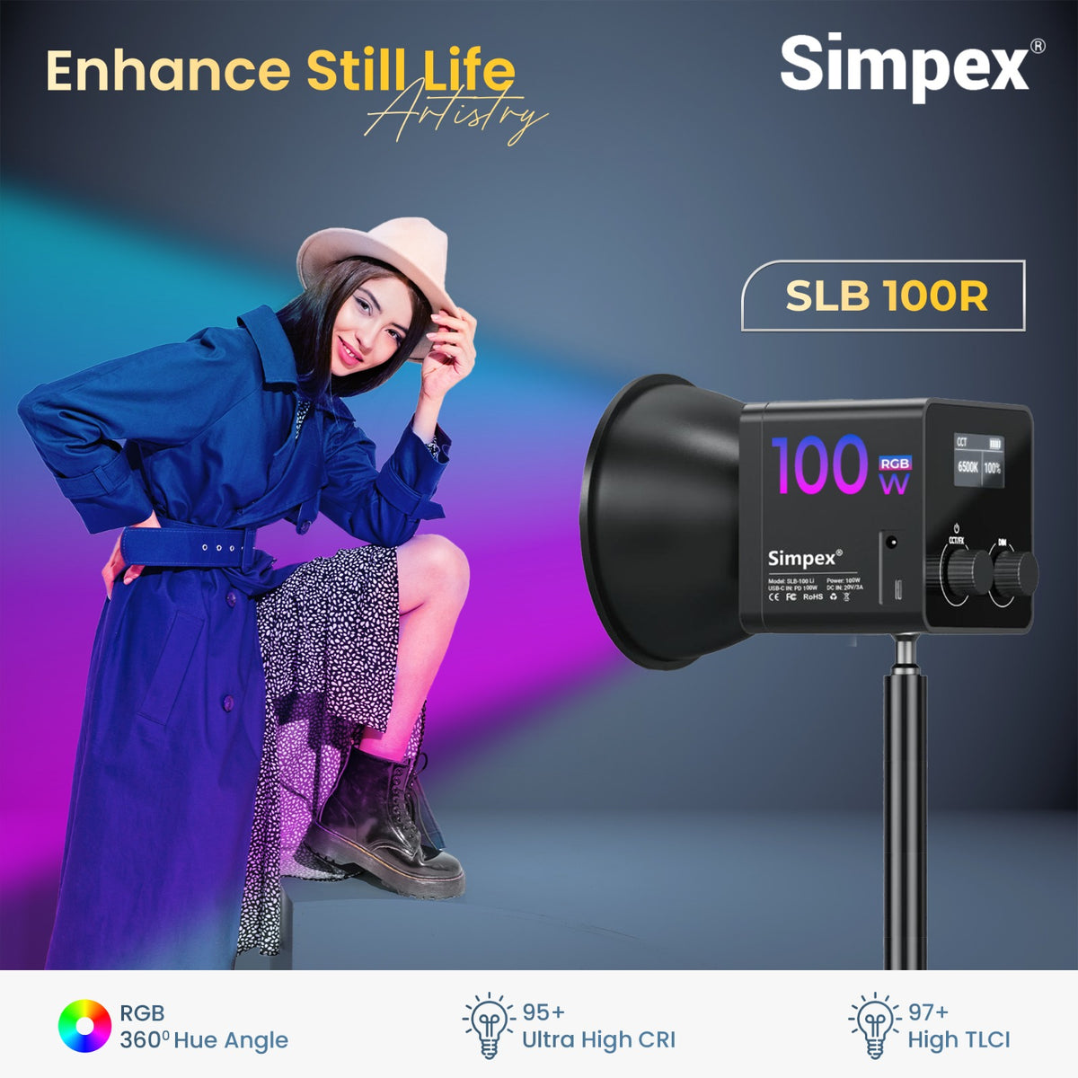Simpex SLB-100R 100W Portable RGB Video Light | 26800mAh Built-in Battery, Full RGB for Location Studio Shoots