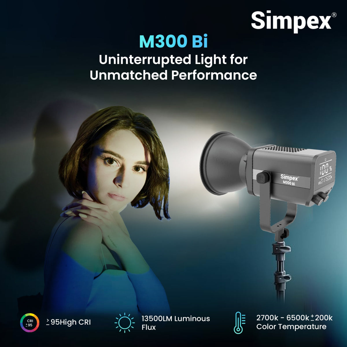 Simpex M-300Bi 300W Continuous LED Light | LCD Display, Remote Control, Bi-Colour for Studio Film Photography