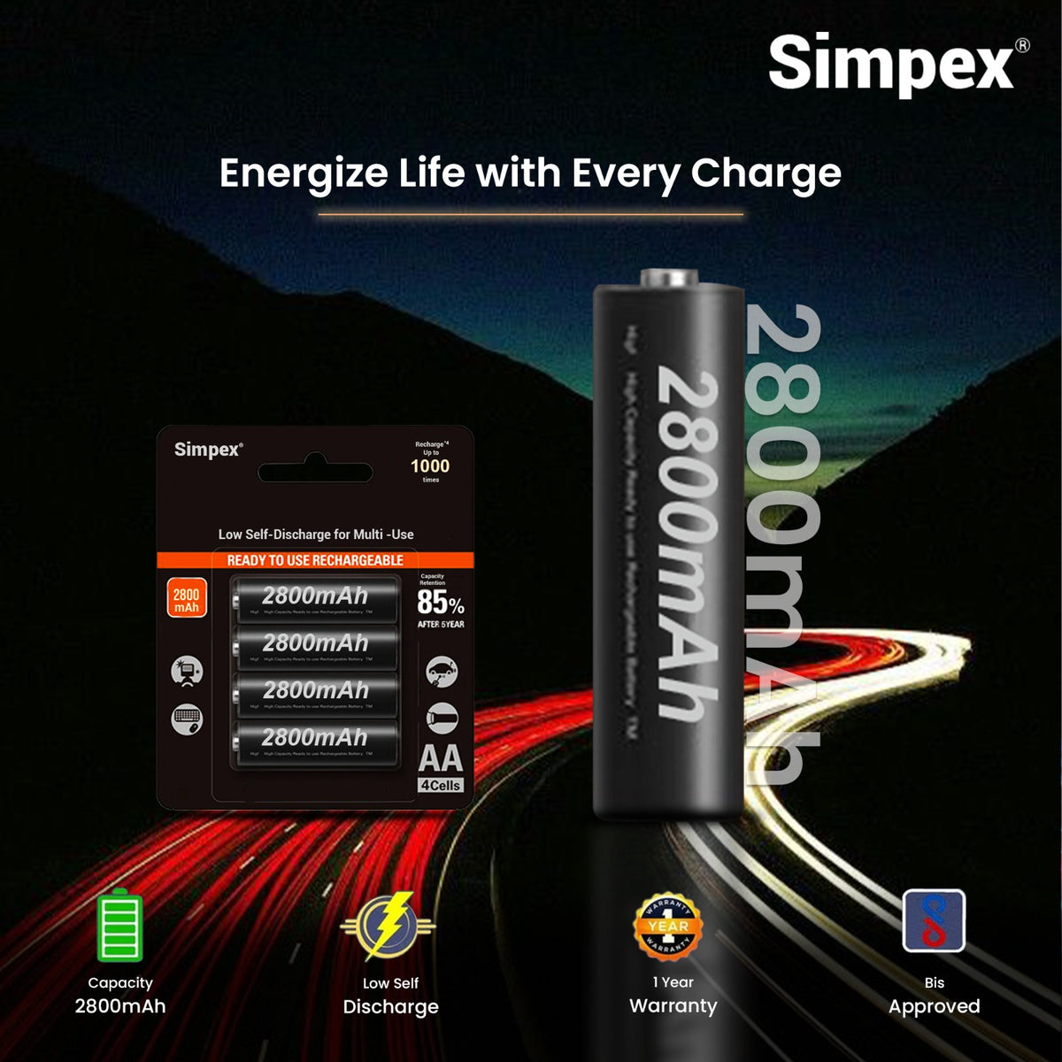 Simpex AA 2800mAh NiMH Rechargeable Batteries | High Capacity for Camera Flash Speedlite Wireless Trigger