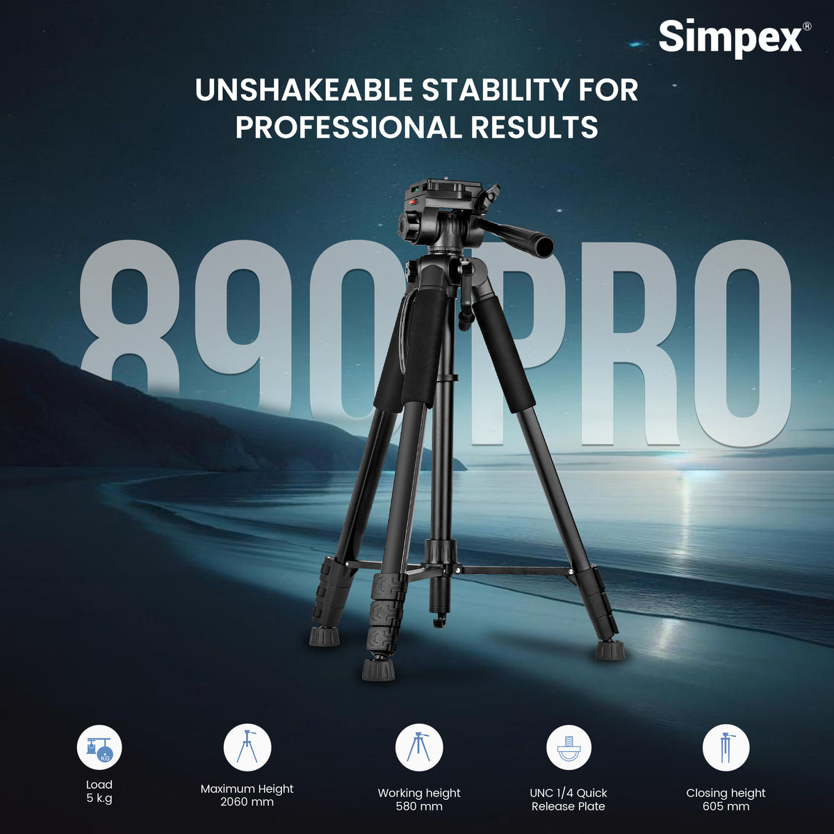 Simpex 890 PRO Platinum Aluminium Lightweight Tripod | Professional Support for DSLR Mirrorless Camera