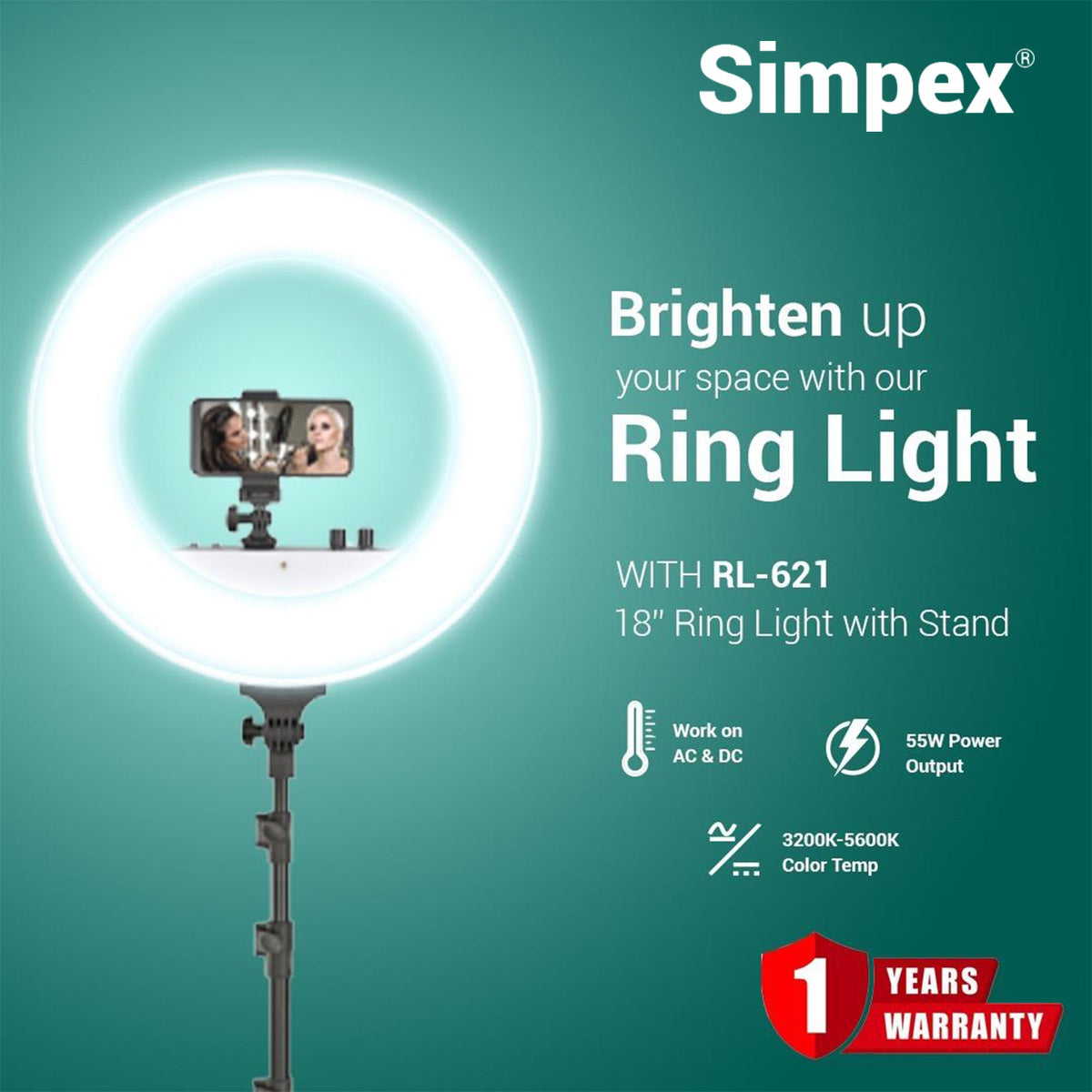 Simpex RL-621 18 Inch Bi-Colour LED Ring Light with Light Stand | for Makeup Vlogging YouTube Photography