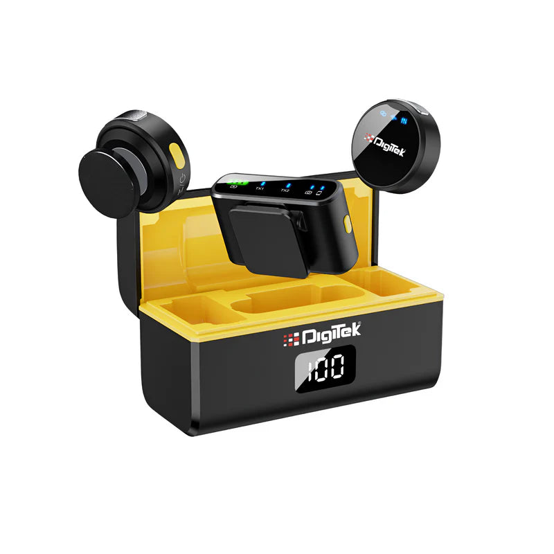 Digitek DWM-116 2-in-1 Wireless Microphone | Dual Transmitter, 2.4GHz, 40M Range, 360° Noise Cancellation, 6Hr Battery for DSLR, Smartphone