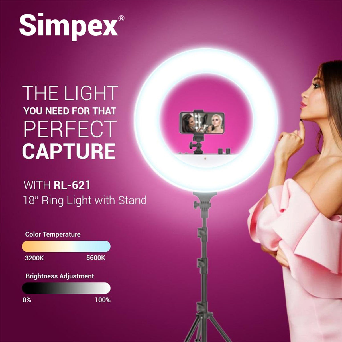 Simpex RL-621 18 Inch Bi-Colour LED Ring Light with Light Stand | for Makeup Vlogging YouTube Photography