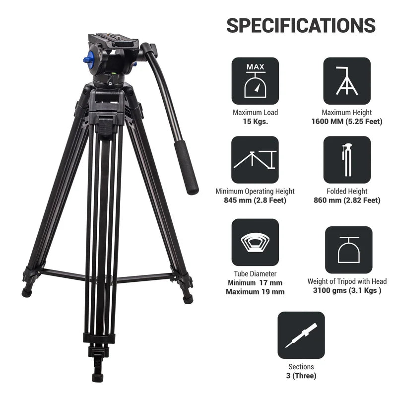 Digitek DPTR-601 VD 160cm Professional Heavy Duty Tripod | 15kg Load, 2-Way Pan Head, 3-Section Aluminium for DSLR Video Camera