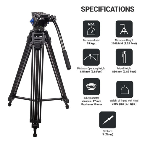 Digitek DPTR-601 VD 160cm Professional Heavy Duty Tripod | 15kg Load, 2-Way Pan Head, 3-Section Aluminium for DSLR Video Camera