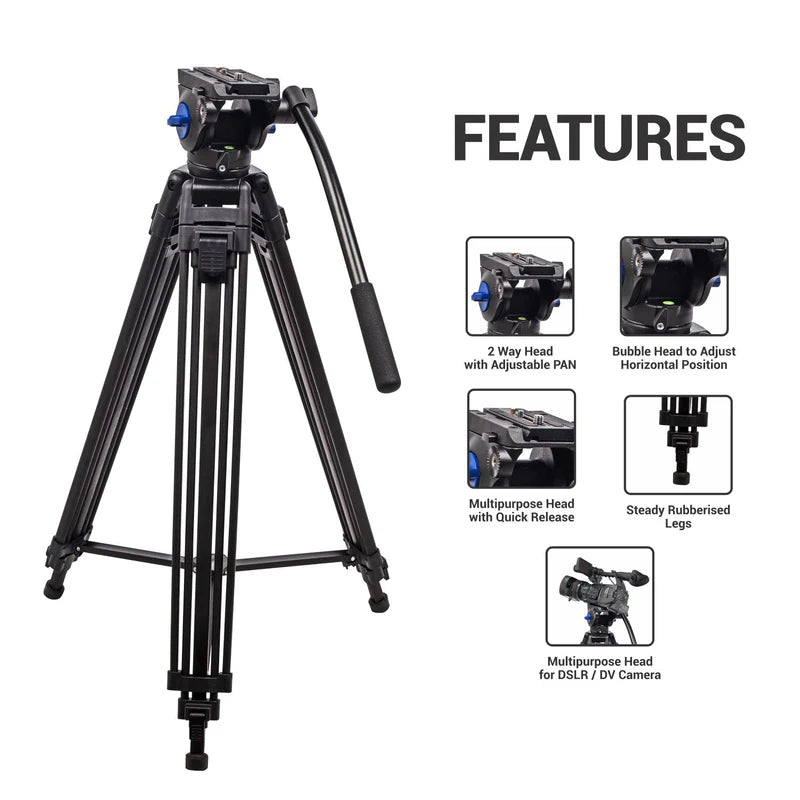 Digitek DPTR-601 VD 160cm Professional Heavy Duty Tripod | 15kg Load, 2-Way Pan Head, 3-Section Aluminium for DSLR Video Camera