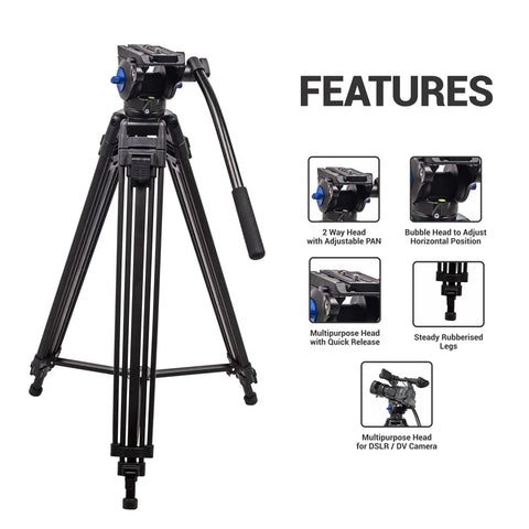 Digitek DPTR-601 VD 160cm Professional Heavy Duty Tripod | 15kg Load, 2-Way Pan Head, 3-Section Aluminium for DSLR Video Camera