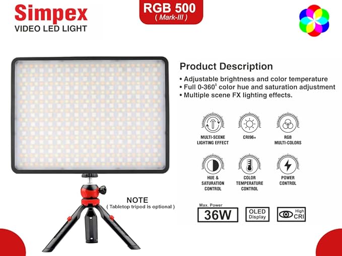 Simpex RGB-500 Mark 3 Professional LED Series | Full RGB Bi-Colour CRI 95+ for Photography Videography
