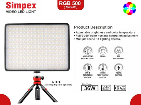 Simpex RGB-500 Mark 3 Professional LED Series | Full RGB Bi-Colour CRI 95+ for Photography Videography