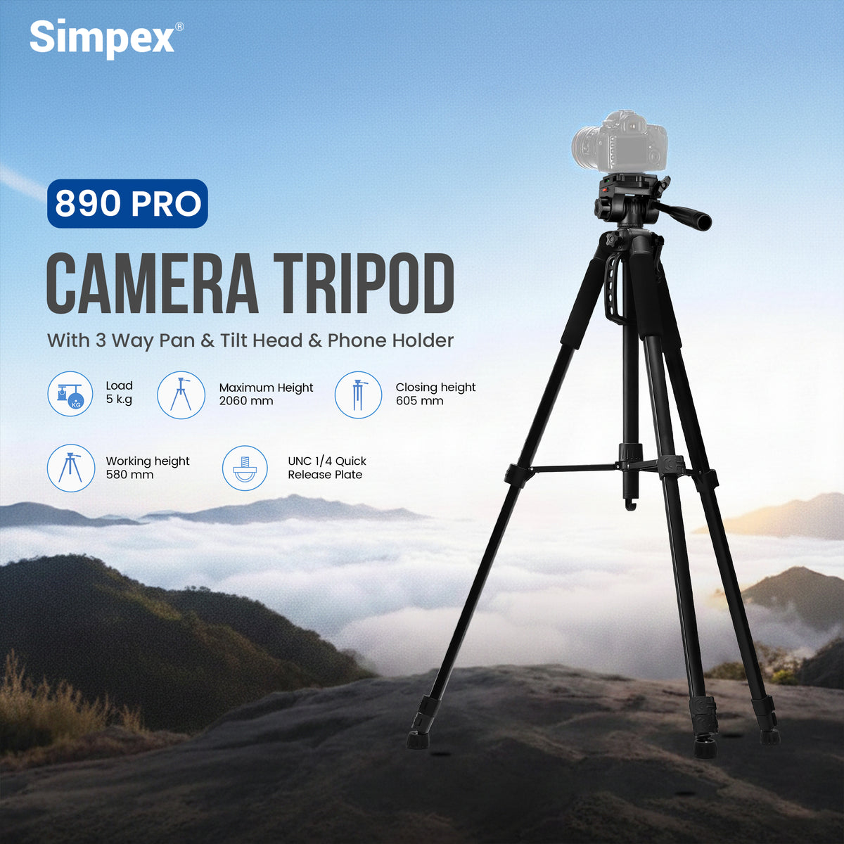 Simpex 890 PRO Platinum Aluminium Lightweight Tripod | Professional Support for DSLR Mirrorless Camera