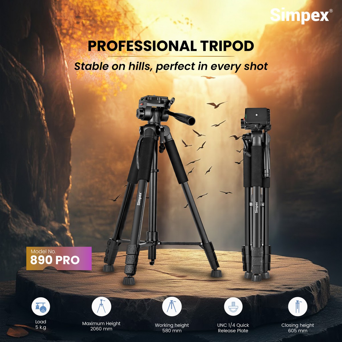 Simpex 890 PRO Platinum Aluminium Lightweight Tripod | Professional Support for DSLR Mirrorless Camera
