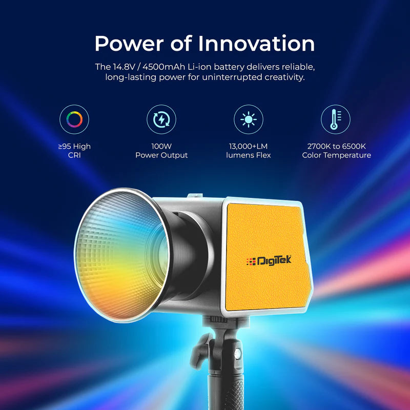 Digitek DCL-100 WBC RGB 100W LED Video Light | Mini Bowens, 13000LM, CRI 97+, 4500mAh Battery, 20 FX, APP Control