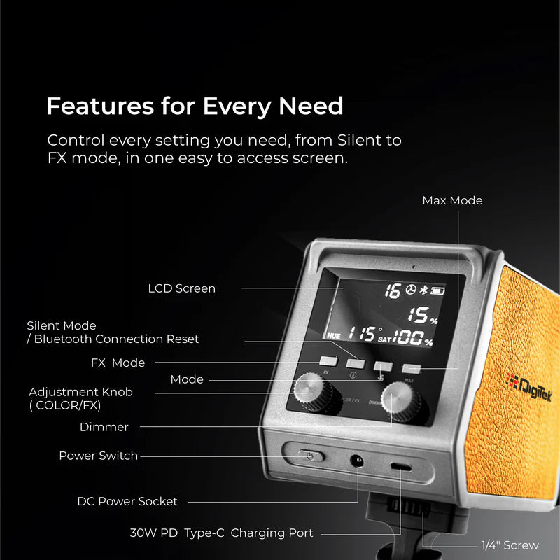 Digitek DCL-100 WBC 100W Bi-Colour Continuous LED Light | 13000LM, CRI 97+, Mini Bowens, 20 FX, APP Control, 4500mAh Battery