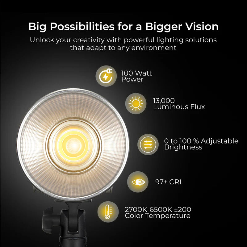 Digitek DCL-100 WBC 100W Bi-Colour Continuous LED Light | 13000LM, CRI 97+, Mini Bowens, 20 FX, APP Control, 4500mAh Battery