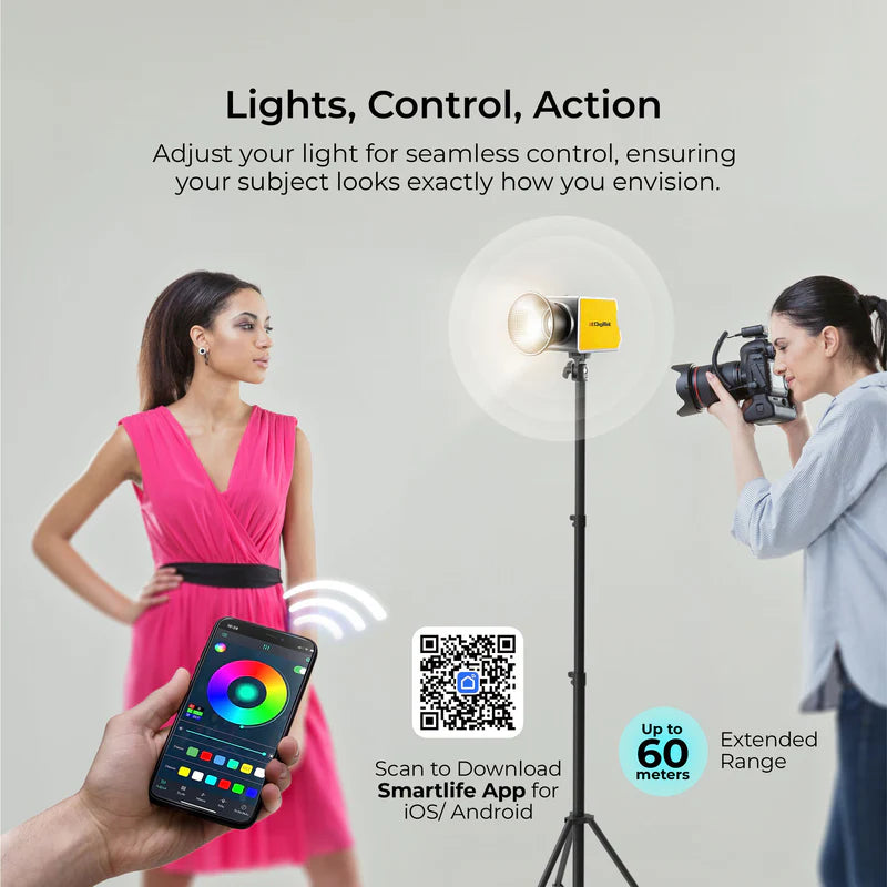 Digitek DCL-100 WBC 100W Bi-Colour Continuous LED Light | 13000LM, CRI 97+, Mini Bowens, 20 FX, APP Control, 4500mAh Battery