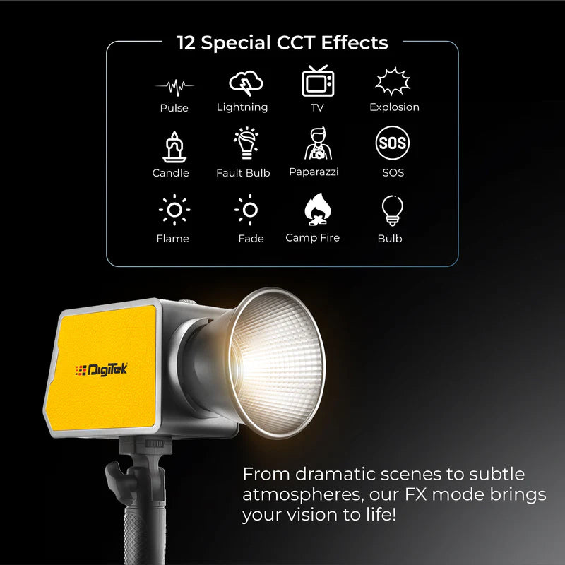Digitek DCL-100 WBC 100W Bi-Colour Continuous LED Light | 13000LM, CRI 97+, Mini Bowens, 20 FX, APP Control, 4500mAh Battery