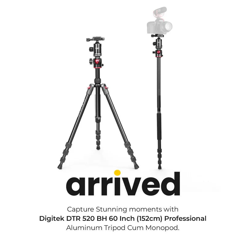 Digitek DTR-520 BH 152cm Professional Aluminium Tripod Cum Monopod | 7kg Load, Swivel Pan Head, 4-Section for DSLR DV Camera