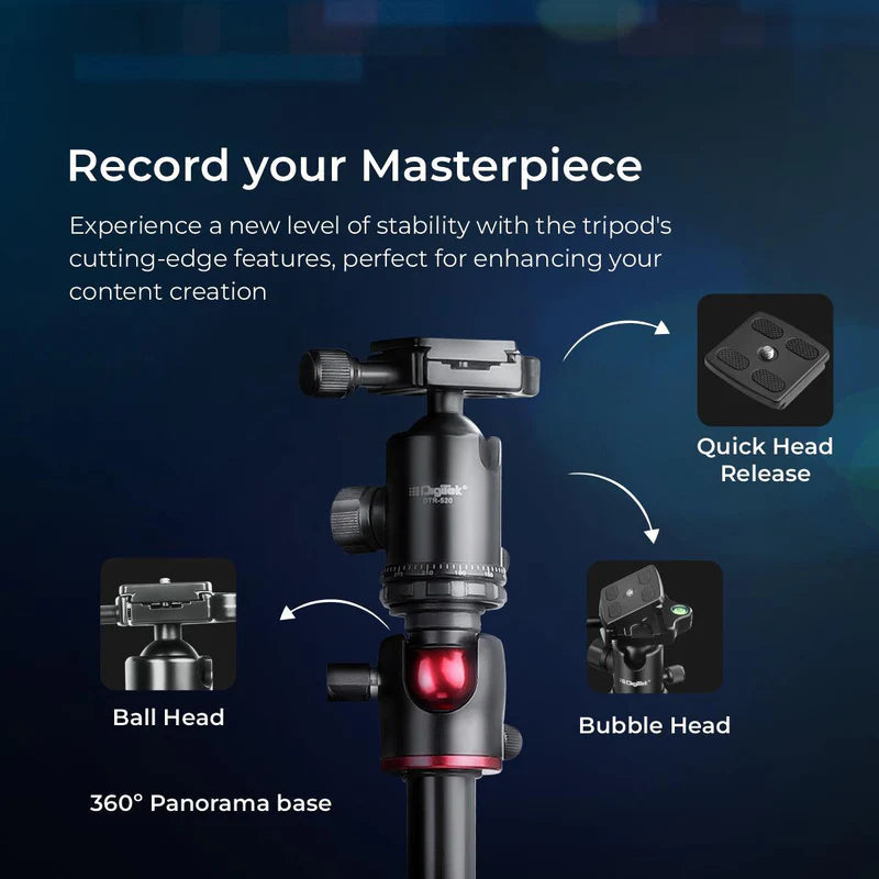 Digitek DTR-520 BH 152cm Professional Aluminium Tripod Cum Monopod | 7kg Load, Swivel Pan Head, 4-Section for DSLR DV Camera