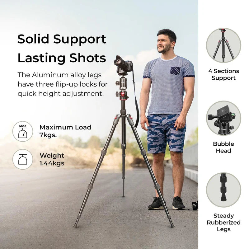 Digitek DTR-520 BH 152cm Professional Aluminium Tripod Cum Monopod | 7kg Load, Swivel Pan Head, 4-Section for DSLR DV Camera