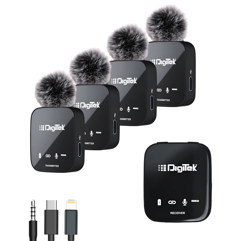Digitek DWM-111 4-Channel Wireless Microphone System | 4-in-1, 2.4GHz, 50M Range, 360° Sound, 11Hr Battery, DSP Noise Reduction for DSLR, Podcast