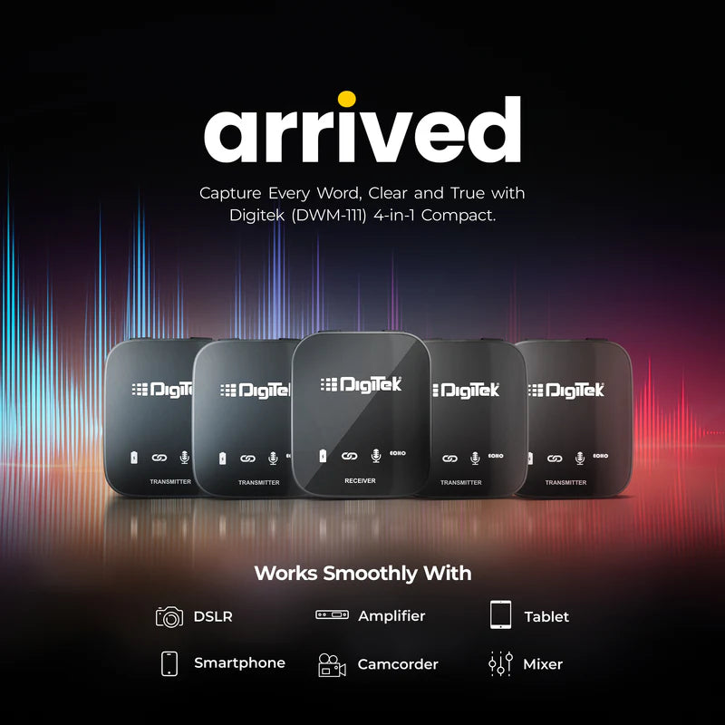 Digitek DWM-111 4-Channel Wireless Microphone System | 4-in-1, 2.4GHz, 50M Range, 360° Sound, 11Hr Battery, DSP Noise Reduction for DSLR, Podcast