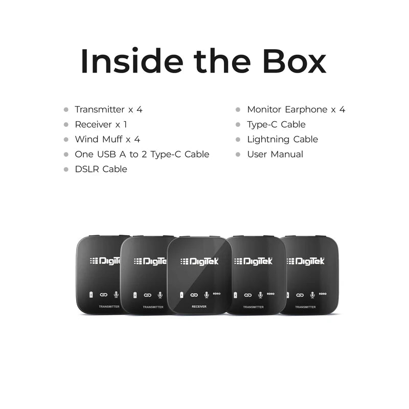 Digitek DWM-111 4-Channel Wireless Microphone System | 4-in-1, 2.4GHz, 50M Range, 360° Sound, 11Hr Battery, DSP Noise Reduction for DSLR, Podcast