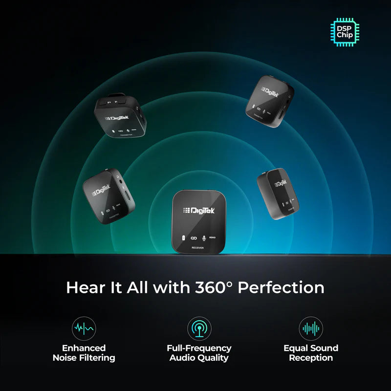 Digitek DWM-111 4-Channel Wireless Microphone System | 4-in-1, 2.4GHz, 50M Range, 360° Sound, 11Hr Battery, DSP Noise Reduction for DSLR, Podcast
