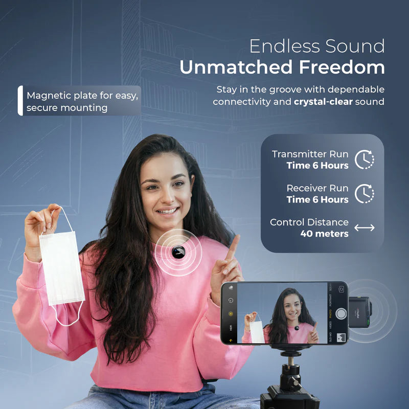 Digitek DWM-116 2-in-1 Wireless Microphone | Dual Transmitter, 2.4GHz, 40M Range, 360° Noise Cancellation, 6Hr Battery for DSLR, Smartphone