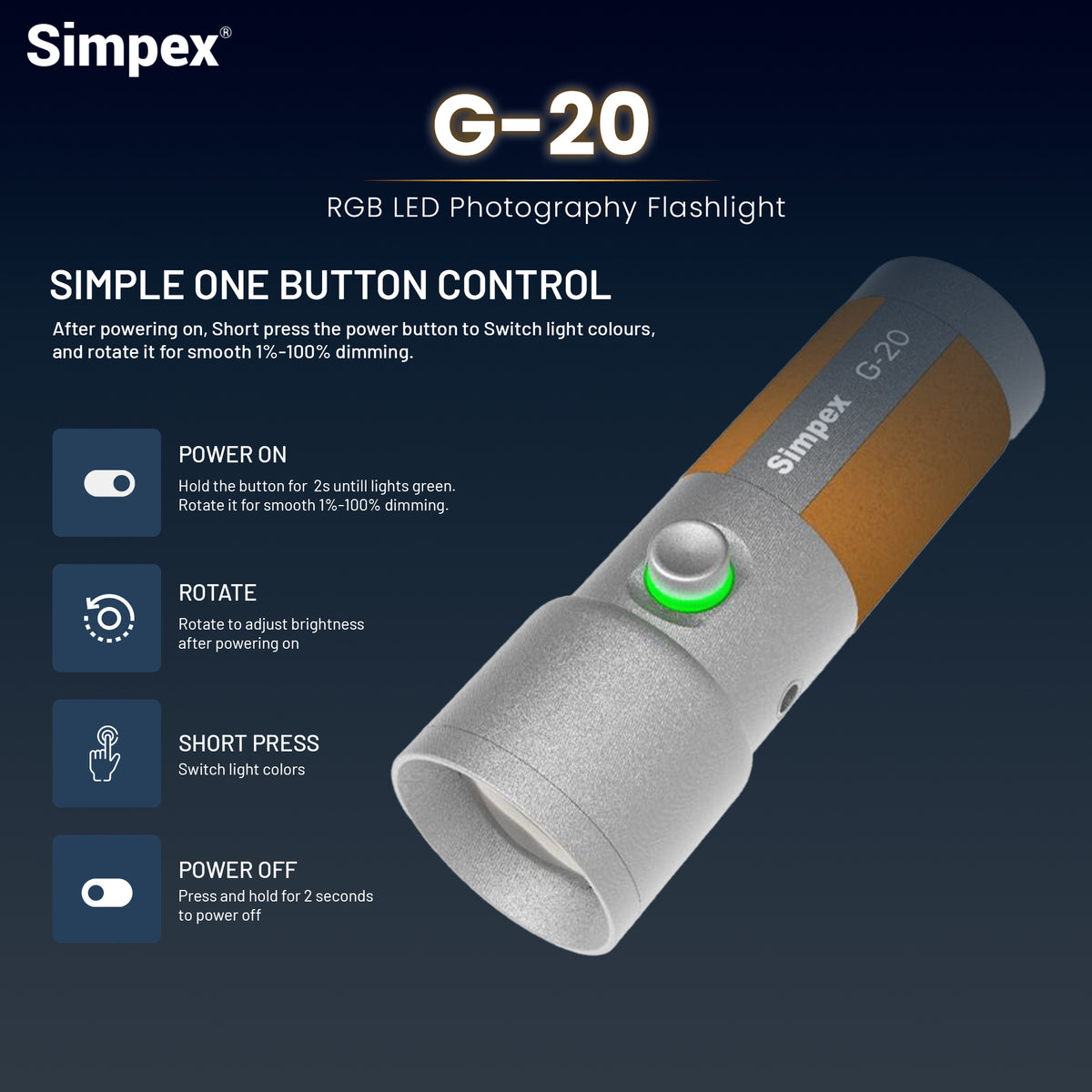 Simpex G-20 RGB Portable Photography Torchlight | Full RGB for Creative Cinematic Photography