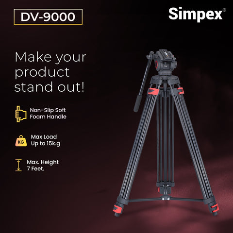 Simpex DV-9000 Professional Heavy Duty Video Tripod | Fluid Video Head for DSLR Camera Videography