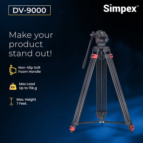 Simpex DV-9000 Professional Heavy Duty Video Tripod | Fluid Video Head for DSLR Camera Videography