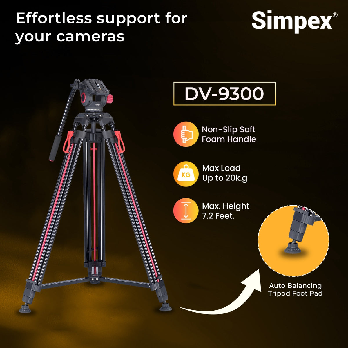 Simpex DV-9300 Platinum Heavy Duty Video Tripod | Professional Fluid Head for DSLR Camera Videography