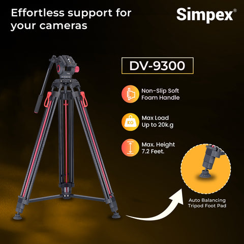 Simpex DV-9300 Platinum Heavy Duty Video Tripod | Professional Fluid Head for DSLR Camera Videography