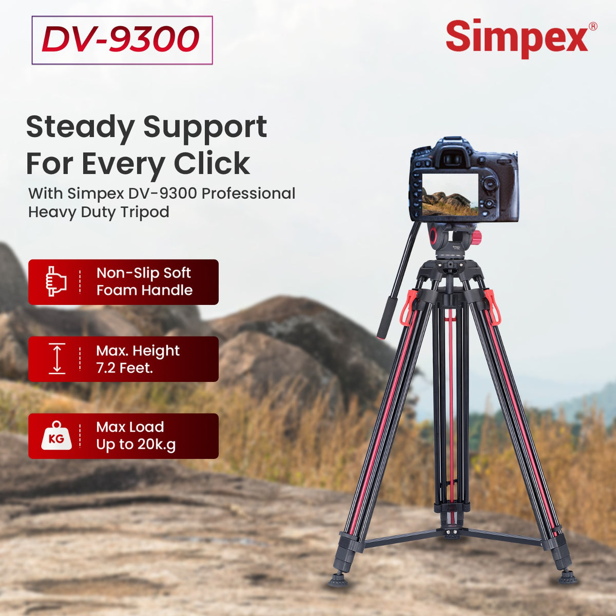 Simpex DV-9300 Platinum Heavy Duty Video Tripod | Professional Fluid Head for DSLR Camera Videography