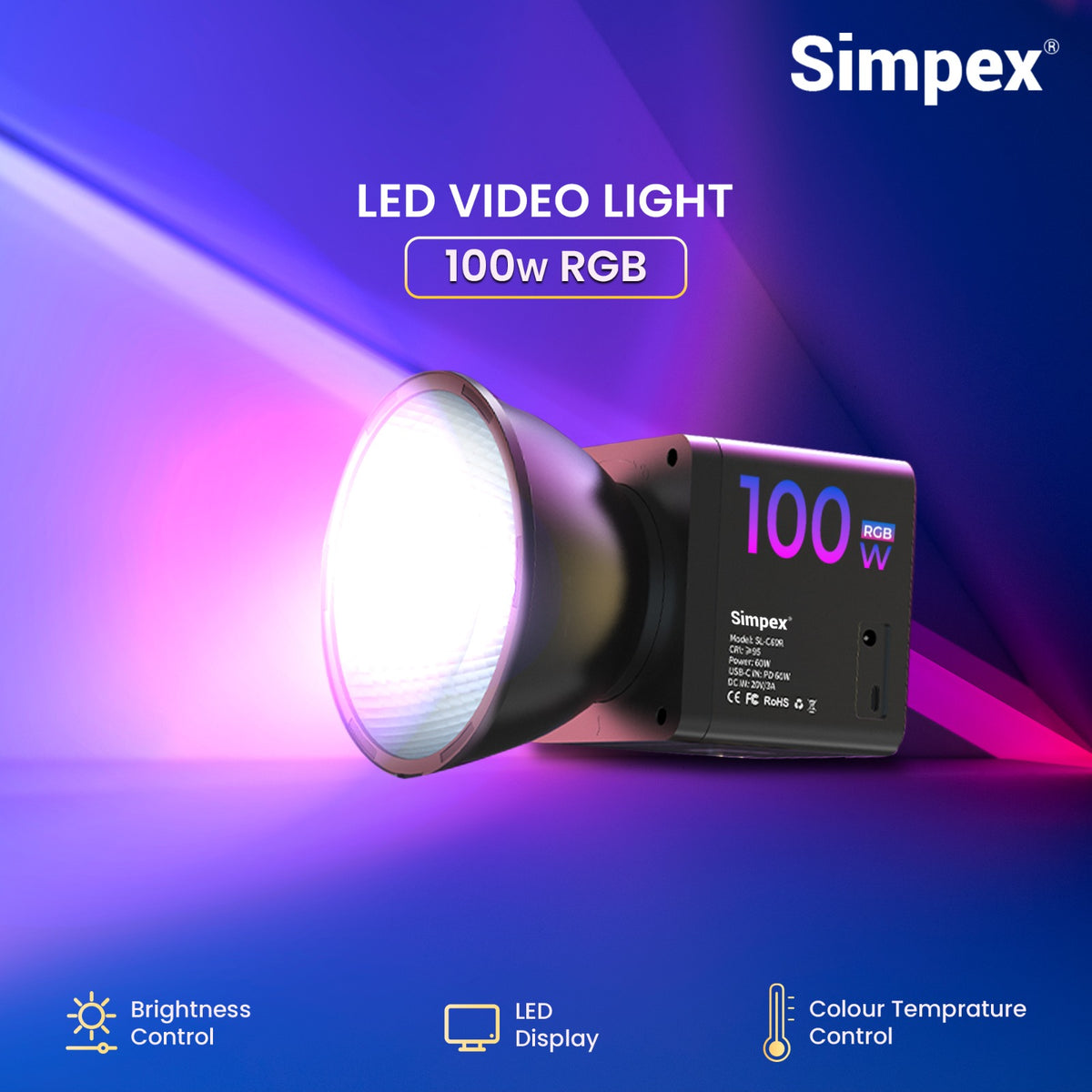 Simpex SLB-100R 100W Portable RGB Video Light | 26800mAh Built-in Battery, Full RGB for Location Studio Shoots