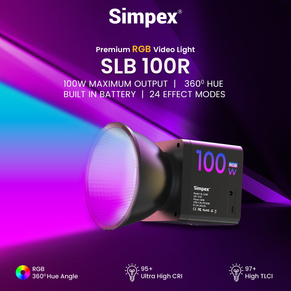 Simpex SLB-100R 100W Portable RGB Video Light | 26800mAh Built-in Battery, Full RGB for Location Studio Shoots