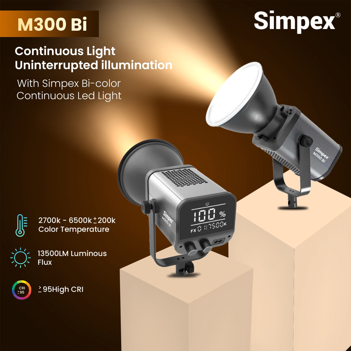 Simpex M-300Bi 300W Continuous LED Light | LCD Display, Remote Control, Bi-Colour for Studio Film Photography