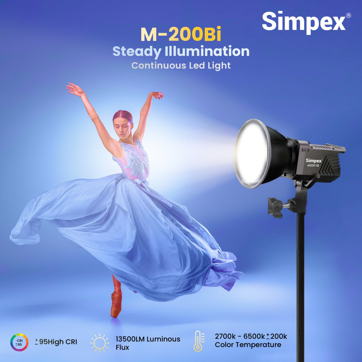 Simpex M-200Bi 200W Dual Colour Continuous LED Light | 18cm Reflector for Studio Photography Videography