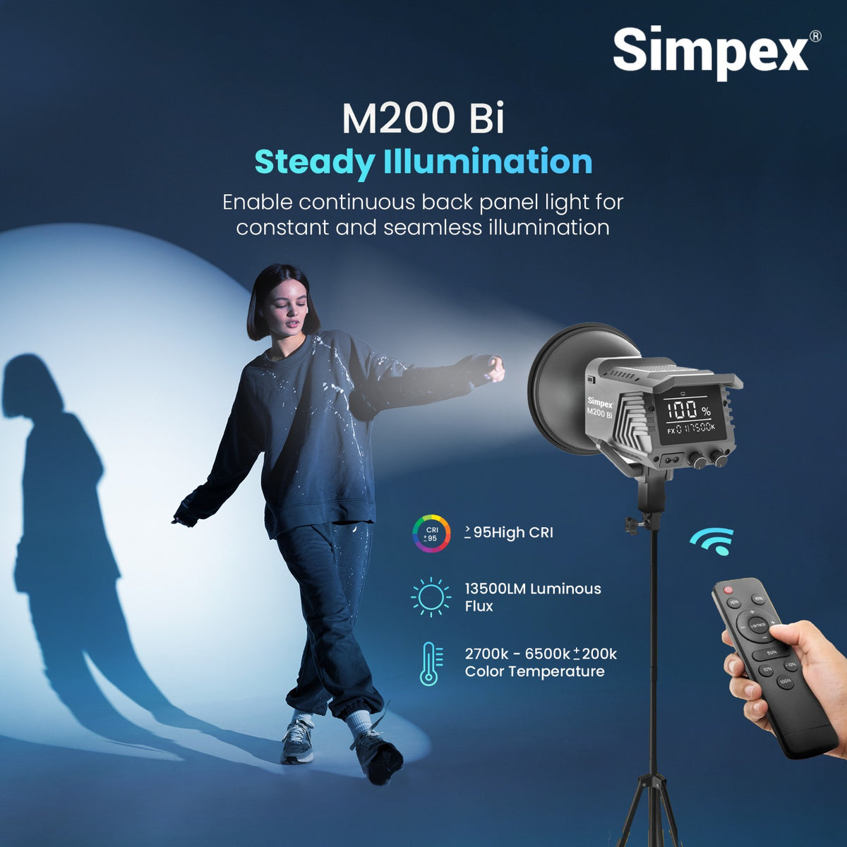 Simpex M-200Bi 200W Dual Colour Continuous LED Light | 18cm Reflector for Studio Photography Videography