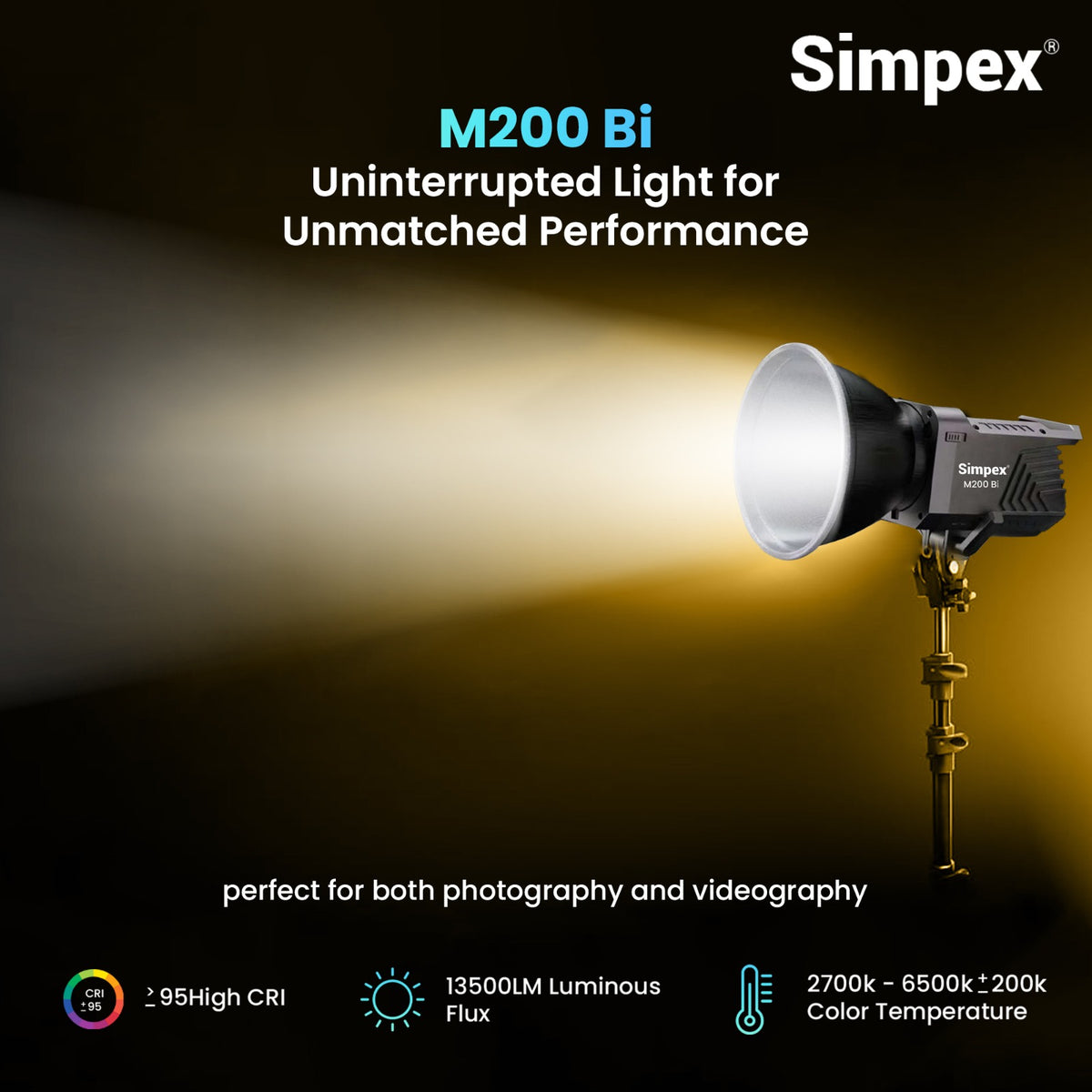 Simpex M-200Bi 200W Dual Colour Continuous LED Light | 18cm Reflector for Studio Photography Videography
