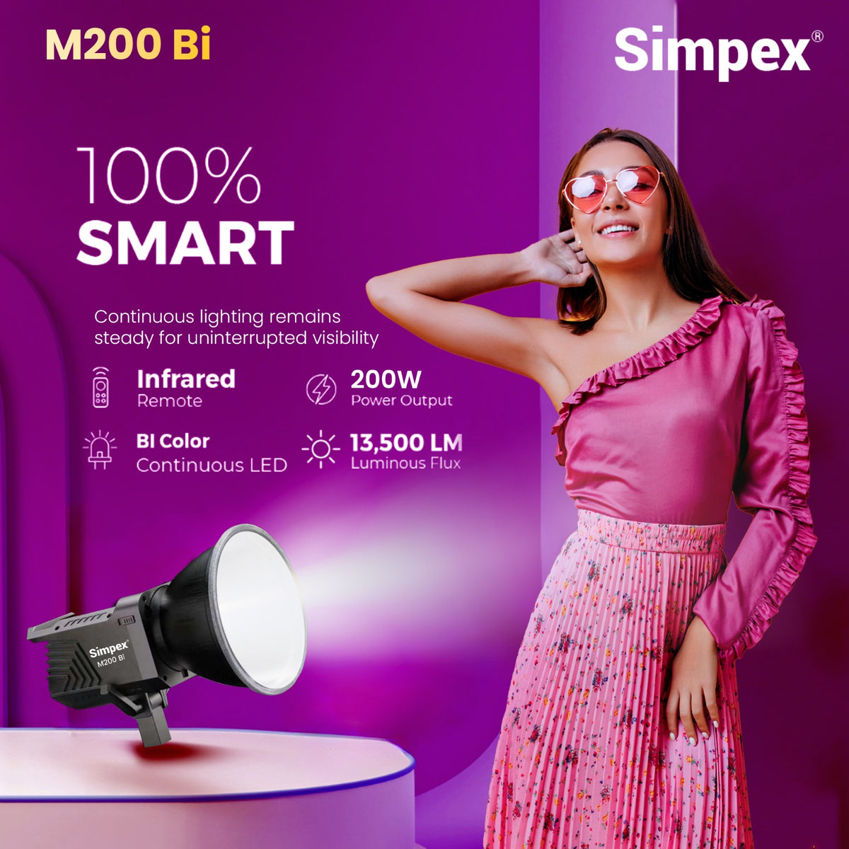 Simpex M-200Bi 200W Dual Colour Continuous LED Light | 18cm Reflector for Studio Photography Videography