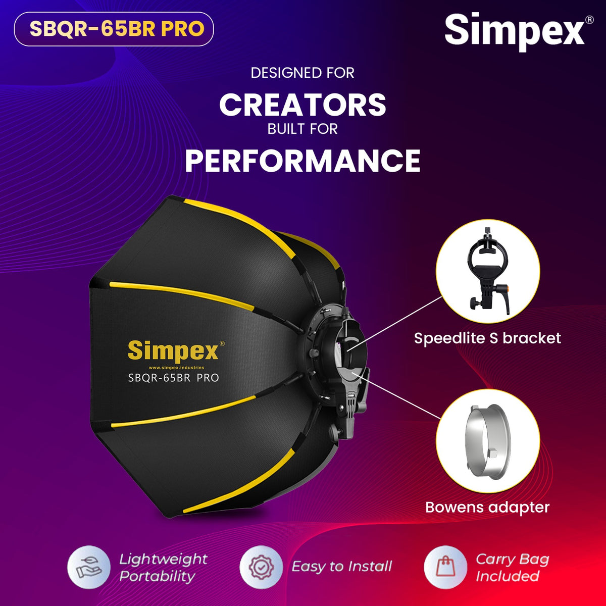 Simpex SBQR-65 65cm Lightweight Portable Softbox | Quick Release Studio Photography for flash and bowens without grid