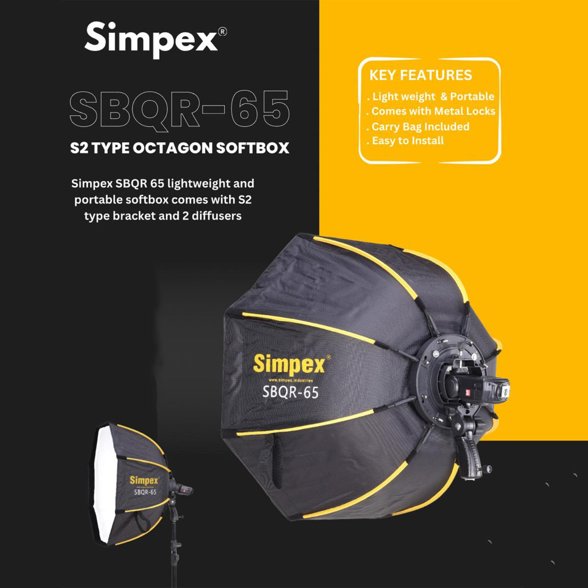 Simpex SBQR-65 65cm Lightweight Portable Softbox | Quick Release Studio Photography for flash and bowens without grid