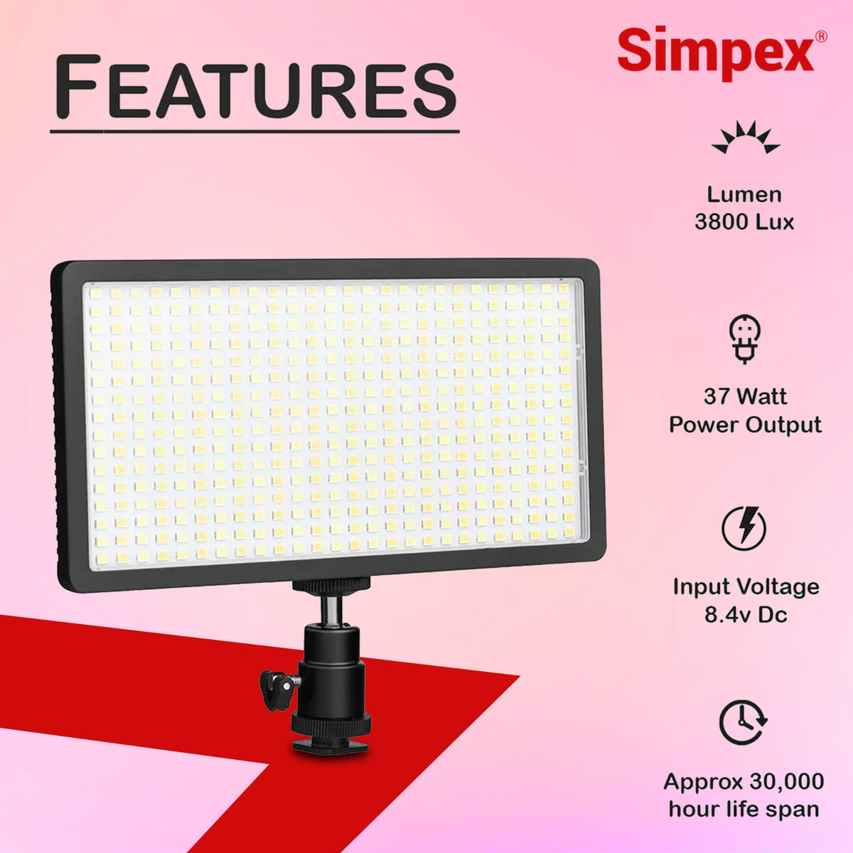 Simpex LED-450 Professional Video Light 3000 Lux | On-Camera LED for Photography Videography