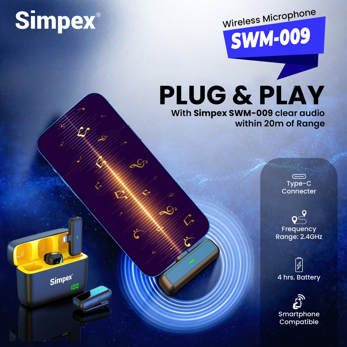 Simpex SWM-009 2-in-1 Wireless Microphone System | Active Noise Cancellation, 50m Range, 8Hrs for Smartphone