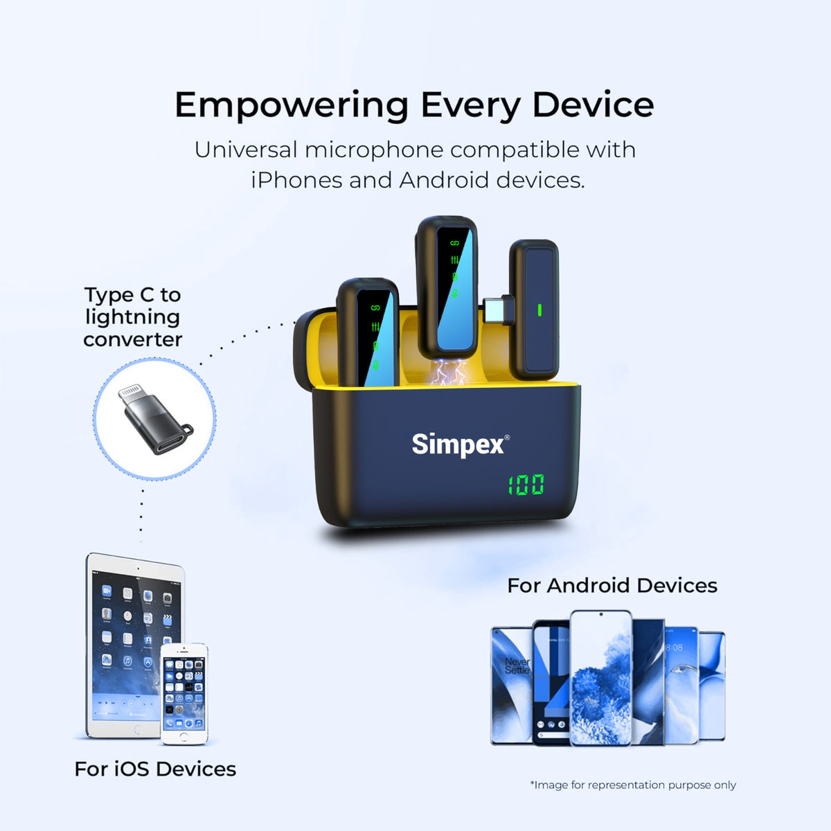 Simpex SWM-009 2-in-1 Wireless Microphone System | Active Noise Cancellation, 50m Range, 8Hrs for Smartphone