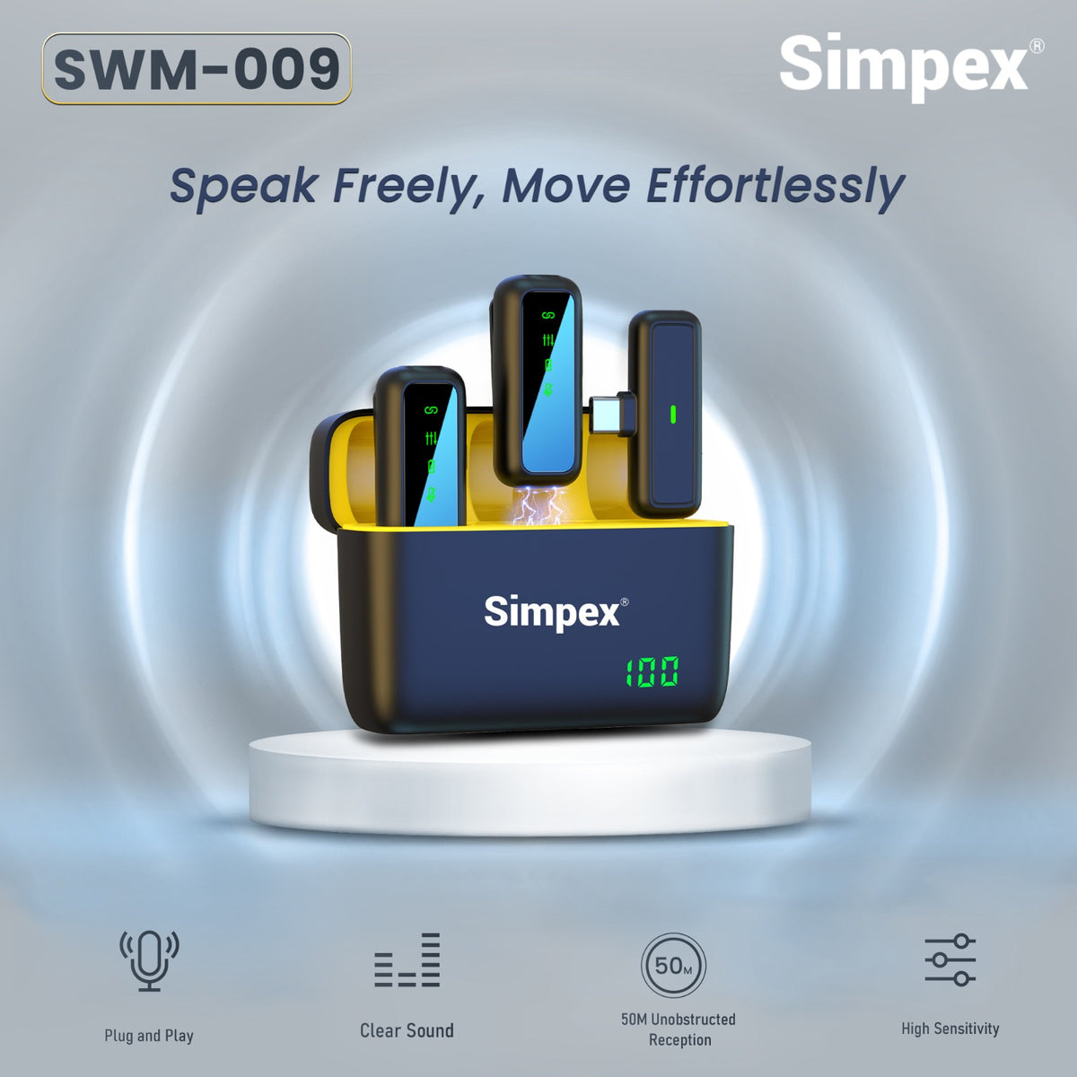 Simpex SWM-009 2-in-1 Wireless Microphone System | Active Noise Cancellation, 50m Range, 8Hrs for Smartphone