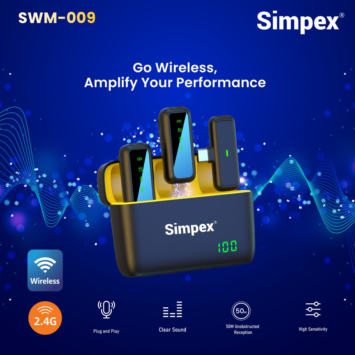 Simpex SWM-009 2-in-1 Wireless Microphone System | Active Noise Cancellation, 50m Range, 8Hrs for Smartphone